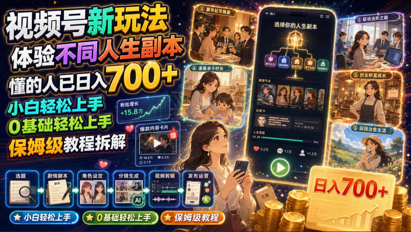 视频号新玩法体验不同人生副本，懂的人已日入700+，小白轻松上手，0基础轻松上手，保姆级教程拆解-云启智联