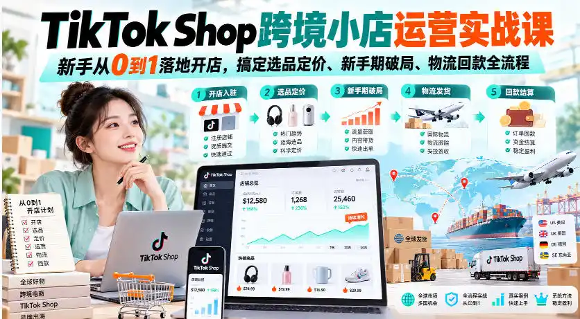 TikTok Shop跨境小店运营实战课，新手从0到1落地开店，搞定选品定价、新手期破局、物流回款全流程-云启智联