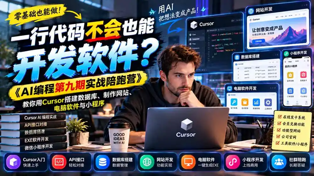 一行代码不会也能开发软件?《AI编程第九期实战陪跑营》教你用Cursor搭建数据库、制作网站、电脑软件与小程序-云启智联