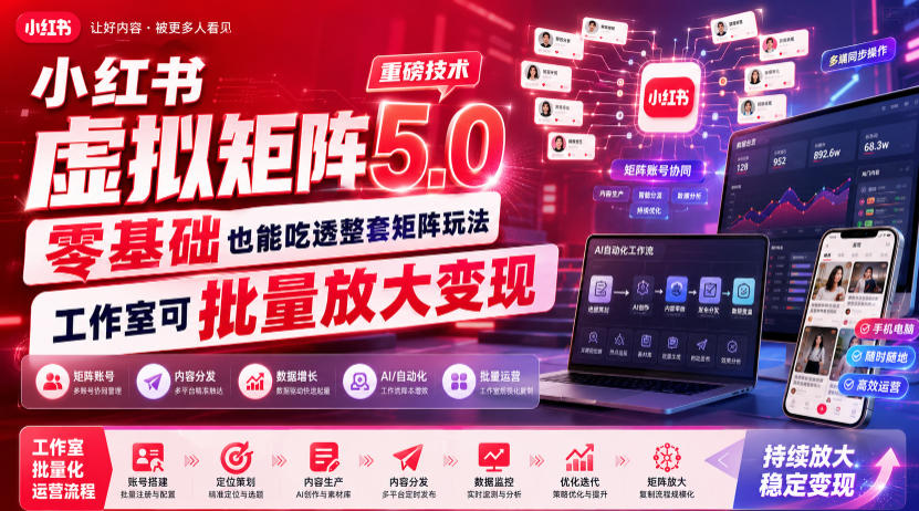 小红书虚拟矩阵5.0重磅技术，零基础也能吃透整套矩阵玩法，工作室可批量放大变现-云启智联