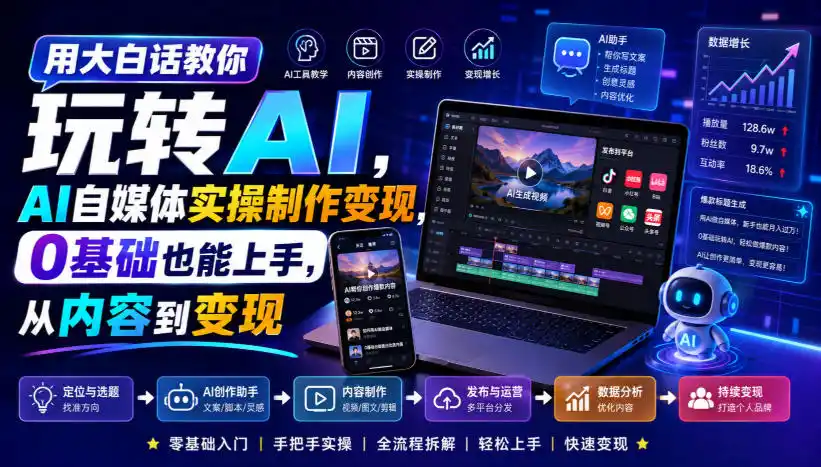 用大白话教你玩转AI，AI自媒体实操制作变现，0基础也能上手，从内容到变现-云启智联