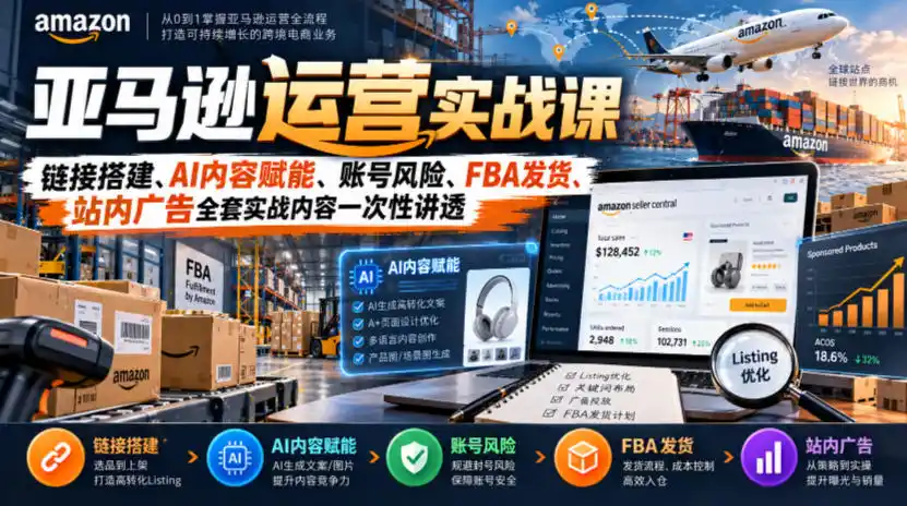 亚马逊运营实战课,链接搭建、AI内容赋能、账号风险、FBA发货、站内广告全套实战内容一次性讲透-云启智联
