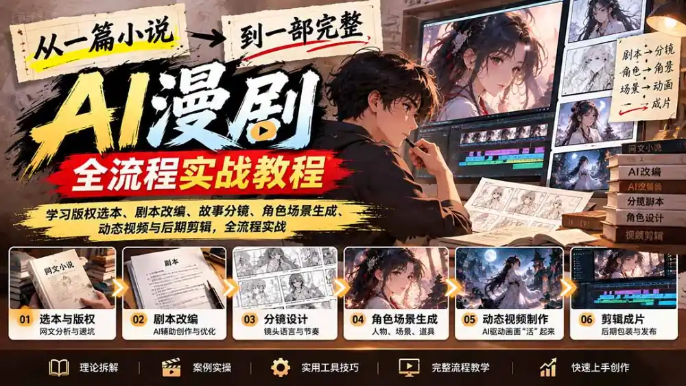 从一篇小说到一部完整AI漫剧:学习版权选本、剧本改编、故事分镜、角色场景生成、动态视频与后期剪辑 从一篇小说到一部完整AI漫剧:学习版权选本、剧本改编、故事分镜、角色场景生成、动态视频与后期剪辑
