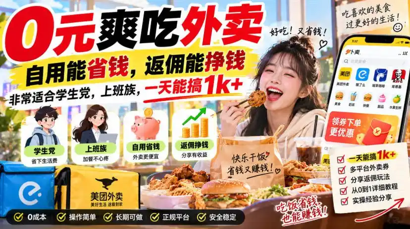 0元爽吃外卖，自用能省钱，返佣能挣钱，非常适合学生党，上班族，一天能搞1k+-云启智联