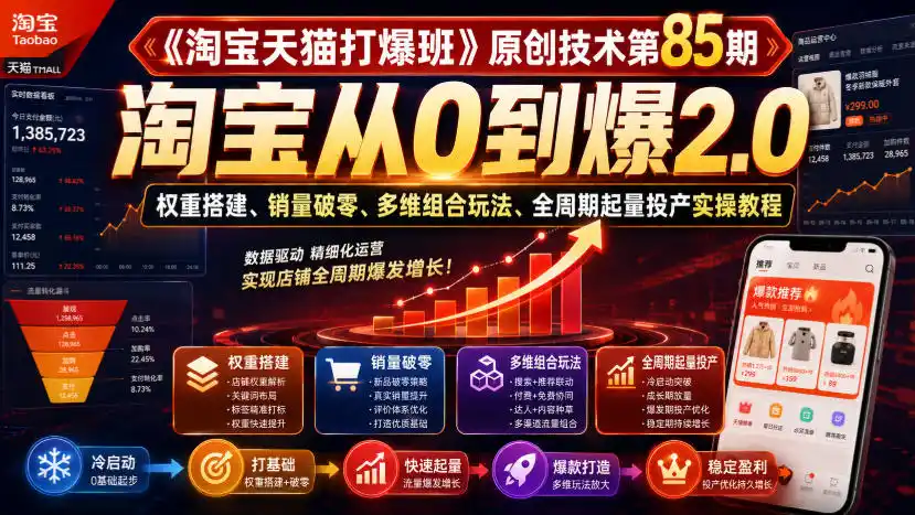 《淘宝天猫打爆班》原创技术第85期，淘宝从0到爆2.0，权重搭建、销量破零、多维组合玩法、全周期起量投产实操教程-云启智联