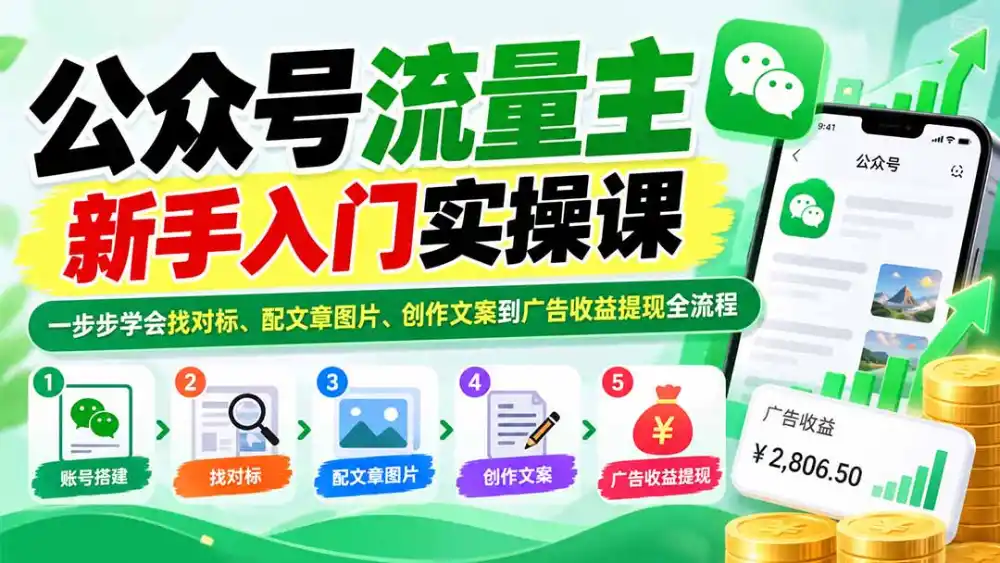 公众号流量主新手入门实操课：一步步学会找对标、配文章图片、创作文案到广告收益提现全流程-云启智联