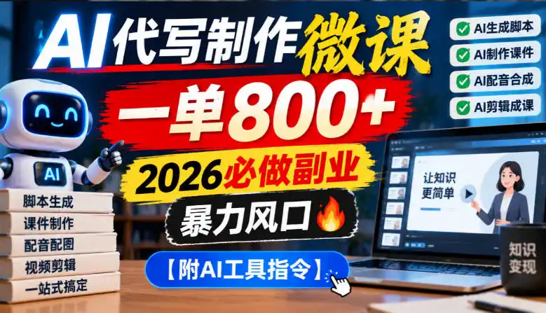 AI代写制作微课，一单800+，2026必做副业，暴力风口【附AI工具指令】【揭秘】-云启智联