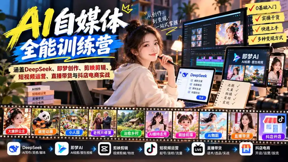 【无水印】AI+自媒体全能训练营：涵盖DeepSeek、即梦创作、剪映剪辑、短视频运营、直播带货与抖店电商实战-云启智联