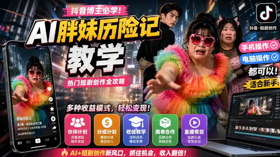 抖音博主的AI胖妹历险记教学,伙伴计划+分成计划+收徒+商单等多种收益,适合新手,手机电脑都可以操作 抖音博主的AI胖妹历险记教学,伙伴计划+分成计划+收徒+商单等多种收益,适合新手,手机电脑都可以操作
