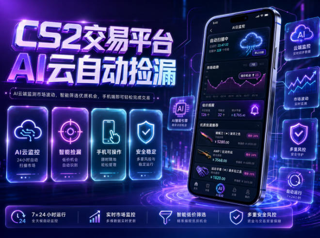 CS2交易平台AI云自动捡漏，多年稳定运行，无需手机，支持任何形式验证，日入300+【揭秘】-云启智联