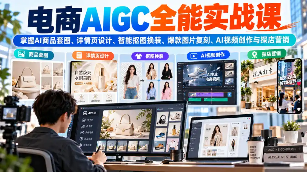 电商AIGC全能实战课：掌握AI商品套图、详情页设计、智能抠图换装、爆款图片复刻、AI视频创作与探店营销-云启智联