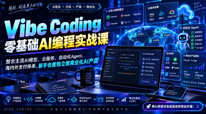 Vibe Coding零基础AI编程实战课-无水印,整合主流AI模型、云服务、自动化Agent、海内外支付体系,新手也能独立做商业化AI产品-云启智联