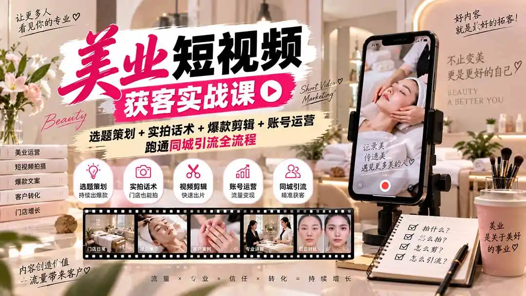 美业短视频获客实战课-无水印：选题策划+实拍话术+爆款剪辑+账号运营，跑通同城引流全流程-云启智联