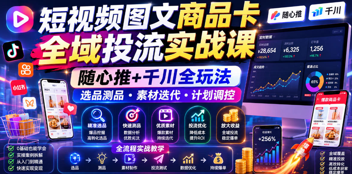 短视频图文商品卡全域投流实战课，随心推+千川全玩法，选品测品・素材迭代・计划调控，提升ROI爆单增收教程-云启智联