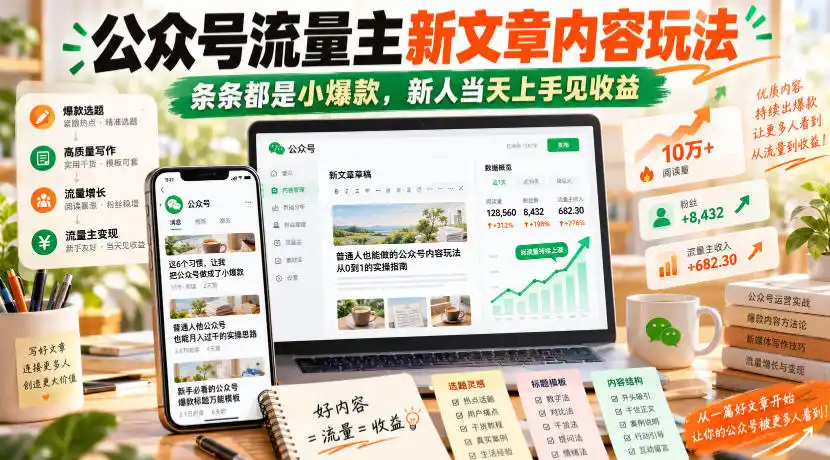 公众号流量主新文章内容玩法,条条都是小爆款,新人当天上手见收益-云启智联