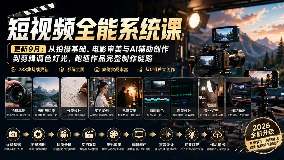 短视频全能系统课-9月完整版：从拍摄基础、电影审美与AI辅助创作到剪辑调色灯光，跑通作品完整制作链路-云启智联