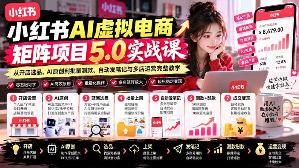 小红书AI虚拟电商矩阵5.0实战课：从开店选品、AI原创到批量测款、自动发笔记与多店运营完整教学-云启智联