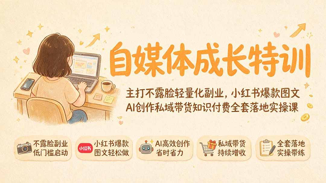 自媒体成长特训｜主打不露脸轻量化副业，小红书爆款图文AI创作私域带货知识付费全套落地实操课-云启智联