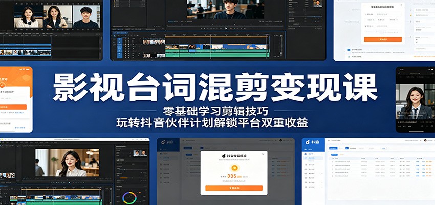 影视台词混剪变现课:零基础学习剪辑技巧,玩转抖音伙伴计划解锁平台双重收益-云启智联