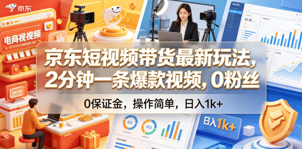 京东短视频带货最新玩法，2分钟一条爆款视频，0粉丝，0保证金，操作简单，日入1k+【揭秘】-云启智联