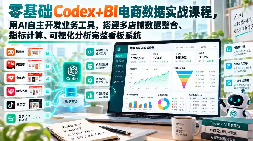 零基础Codex+BI电商数据实战课程，用AI自主开发业务工具，搭建多店铺数据整合、指标计算、可视化分析完整看板系统-云启智联