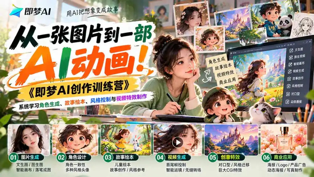 【无水印】从一张图片到一部AI动画!《即梦AI创作训练营》系统学习角色生成、故事绘本、风格控制与视频特效制作-云启智联