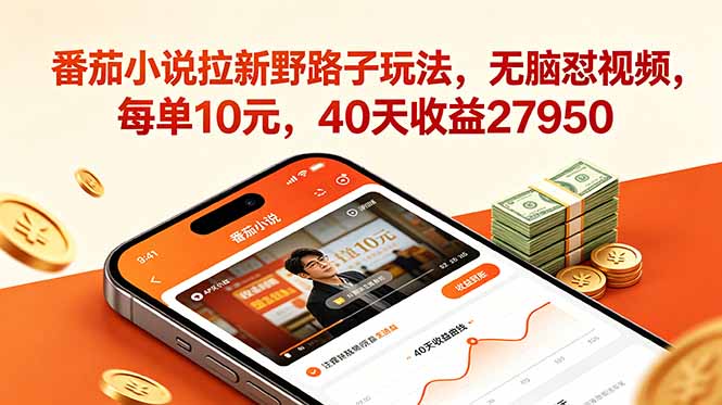 番茄小说拉新野路子玩法，无脑怼视频，每单10元，40天收益27950-云启智联