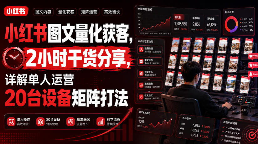 小红书图文量化获客，2小时干货分享，详解单人运营20台设备矩阵打法-云启智联