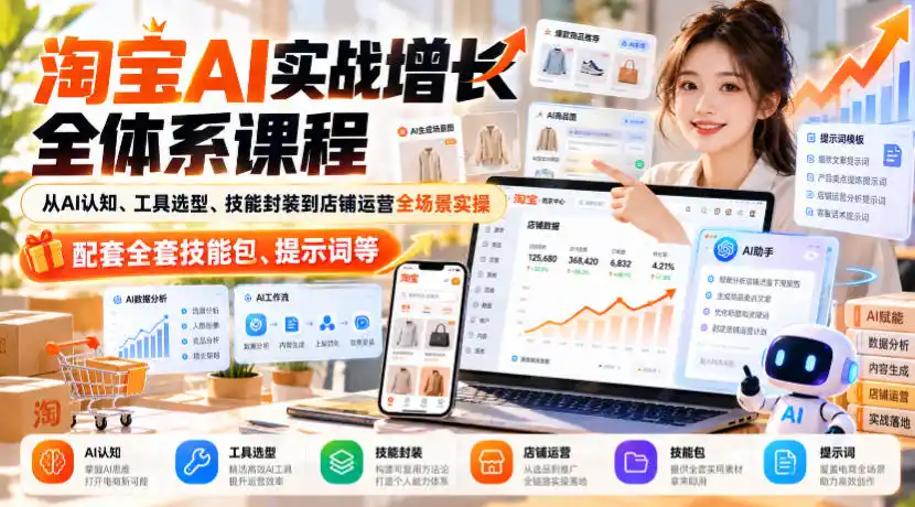 淘宝AI实战增长全体系课程，从AI认知、工具选型、技能封装到店铺运营全场景实操，配套全套技能包、提示词等-云启智联