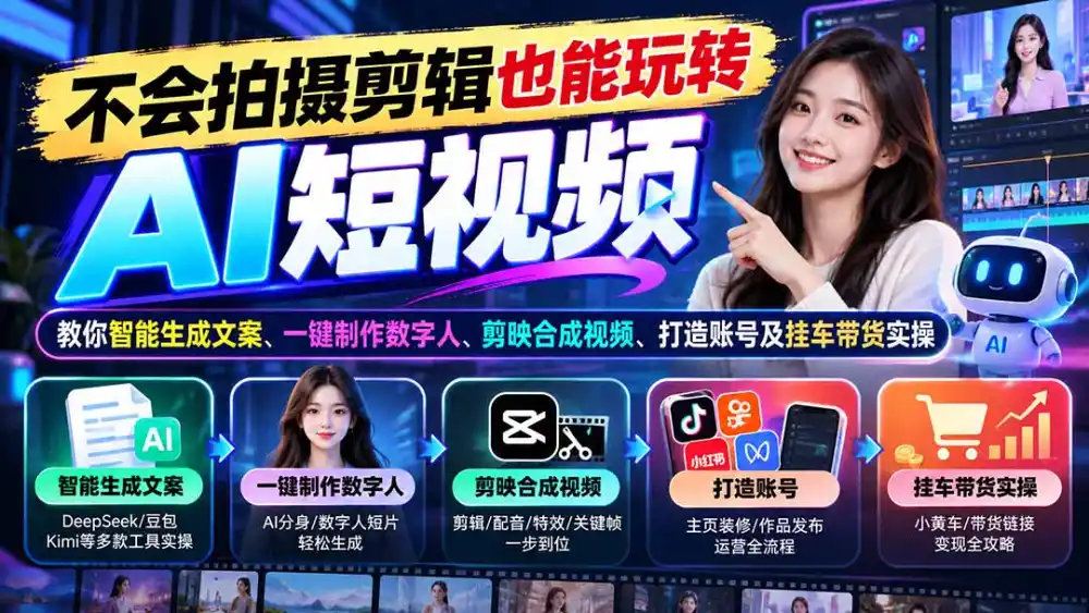 不会拍摄剪辑也能玩转AI短视频：教你智能生成文案、一键制作数字人、剪映合成视频、打造账号及挂车带货实操-云启智联