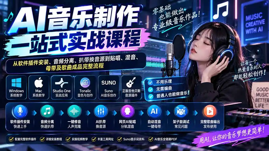AI音乐制作一站式实战课程：从软件插件安装、音频分离、扒带换音源到贴唱、混音、母带及歌曲成品完整流程-云启智联