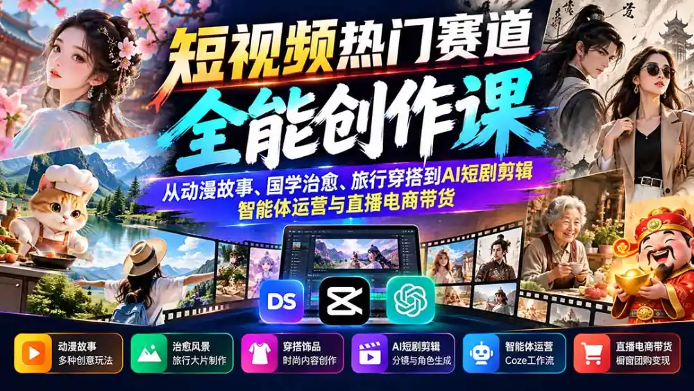 短视频热门赛道全能创作课：从动漫故事、国学治愈、旅行穿搭到AI短剧剪辑、智能体运营与直播电商带货-云启智联