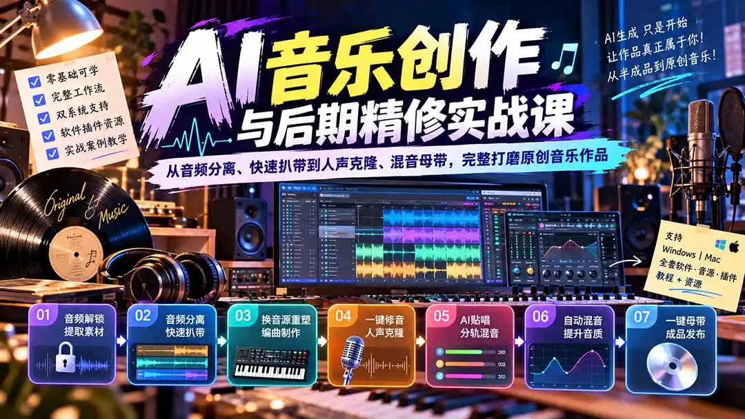 AI音乐创作与后期精修实战课：从音频分离、快速扒带到人声克隆、混音母带，完整打磨原创音乐作品-云启智联