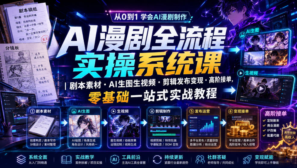 AI漫剧全流程实操系统课｜剧本素材・AI生图生视频・剪辑发布变现・高阶接单，零基础一站式实战教程-云启智联