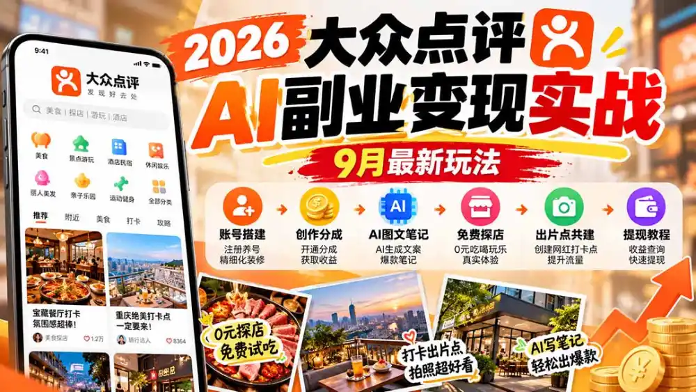 2026大众点评AI副业变现实战9月最新玩法：账号搭建+创作分成+AI图文笔记+免费探店+出片点共建与提现教程-云启智联