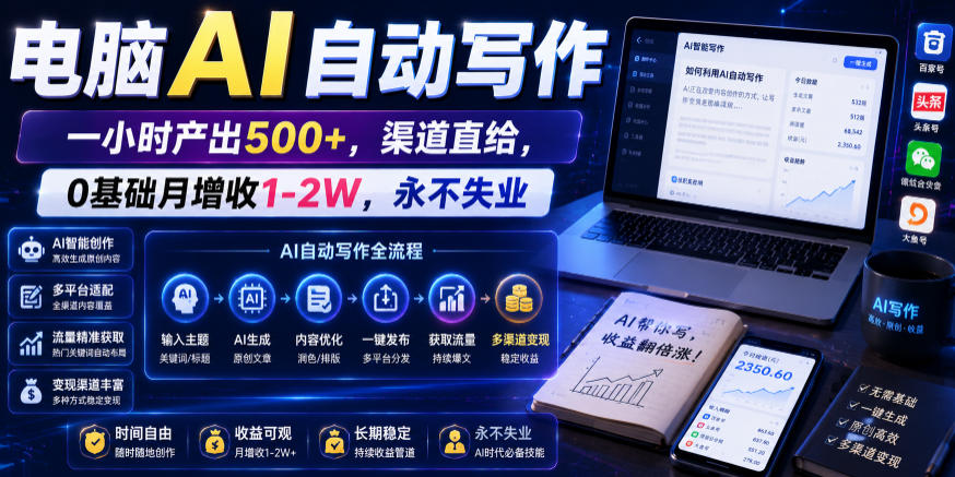 电脑AI自动写作，一小时产出500+，渠道直给，0基础月增收1-2W，永不失业【揭秘】-云启智联