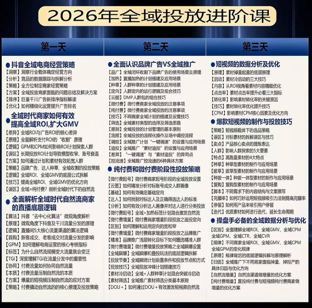 千川扫地僧2026抖音全域投放进阶课，少走弯路·快速起量·掌控增长，6月12-14号杭州线下课(更新)-云启智联