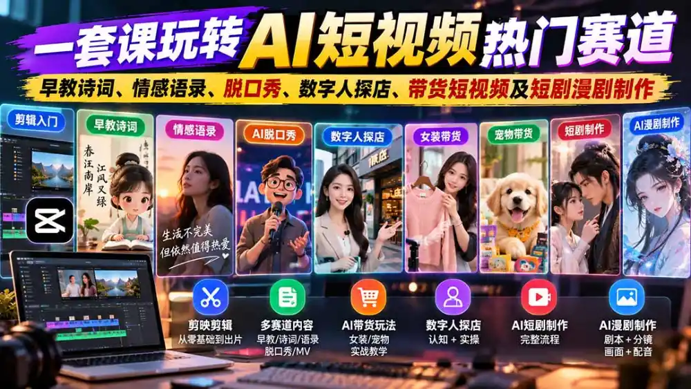 一套课玩转AI短视频热门赛道：早教诗词、情感语录、脱口秀、数字人探店、带货短视频及短剧漫剧制作 复制标题-云启智联
