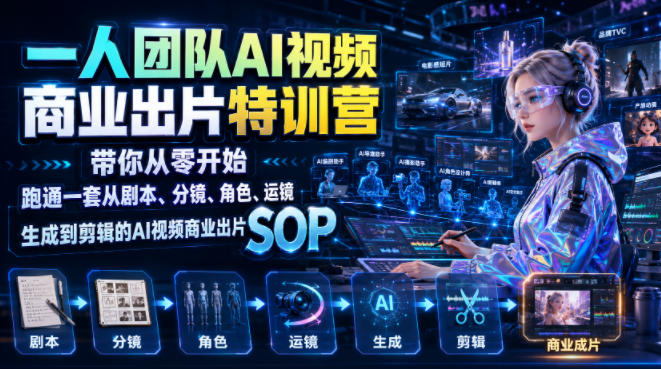 一人团队AI视频商业出片实战课：带你从零开始跑通一套从剧本、分镜、角色、运镜、生成到剪辑的AI视频商业出片SOP-云启智联