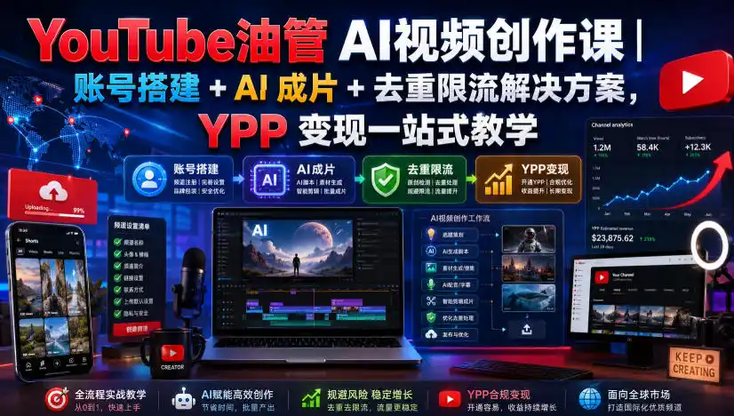 YouTube油管AI视频创作课|账号搭建+AI成片+去重限流解决方案,YPP变现一站式教学(更新0809)-云启智联