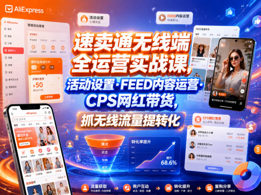 速卖通无线端全运营实战课，活动设置・FEED内容运营・CPS网红带货，抓无线流量提转化-云启智联
