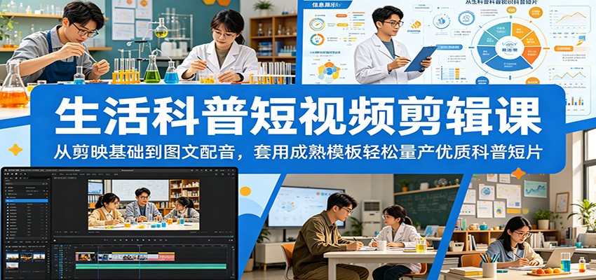 生活科普短视频剪辑课：从剪映基础到图文配音，套用成熟模板轻松量产优质科普短片-云启智联