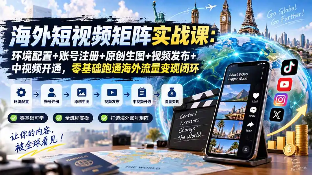 海外短视频矩阵实战课：环境配置+账号注册+原创生图+视频发布+中视频开通，零基础跑通海外流量变现闭环-云启智联