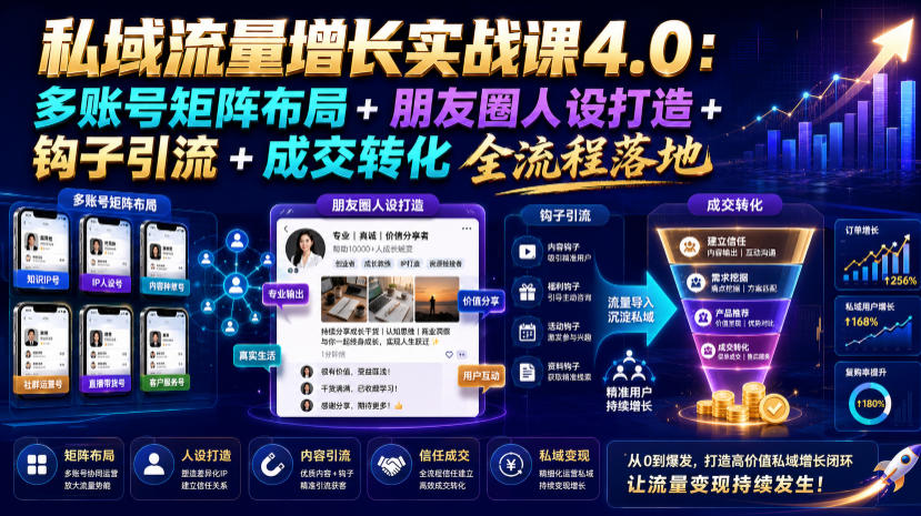 私域流量增长实战课4.0：多账号矩阵布局+朋友圈人设打造+钩子引流+成交转化全流程落地-云启智联