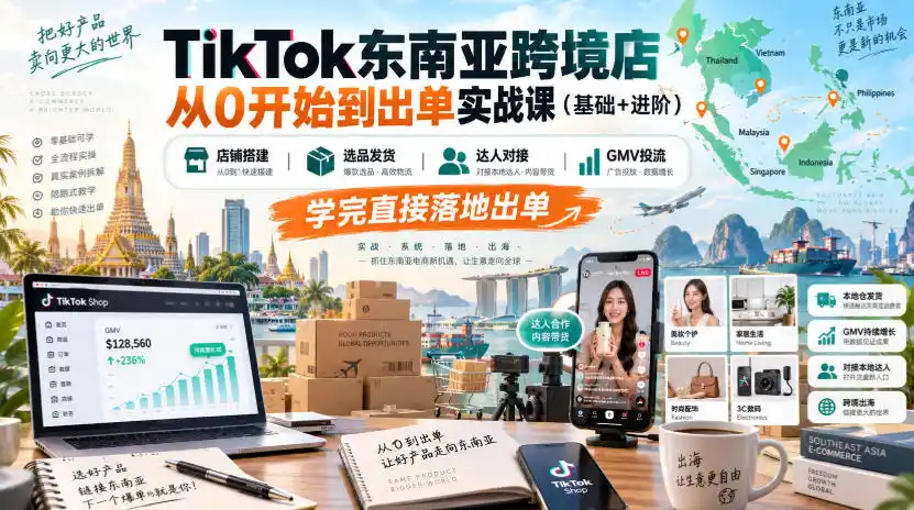 TikTok东南亚跨境店从0开始到出单实战课(基础+进阶)，店铺搭建、选品发货、达人对接、GMV投流，学完直接落地出单-云启智联