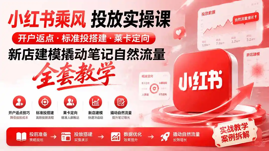 小红书乘风投放-100分钟实操课｜开户返点·标准投搭建·莱卡定向，新店建模撬动笔记自然流量全套教学-云启智联