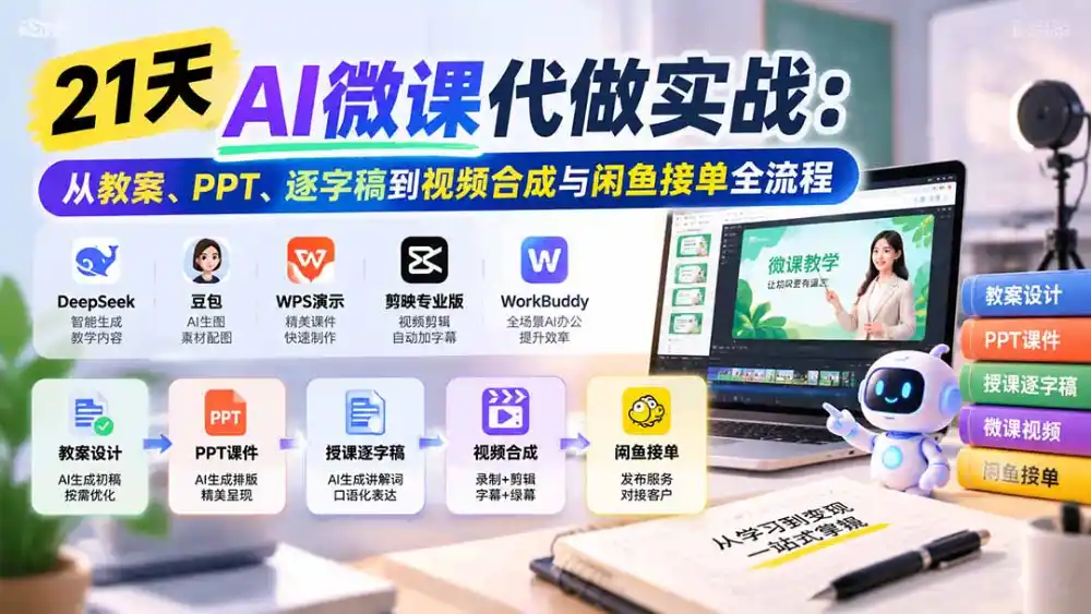 21天AI微课代做实战:从教案、PPT、逐字稿到视频合成与闲鱼接单全流程-云启智联