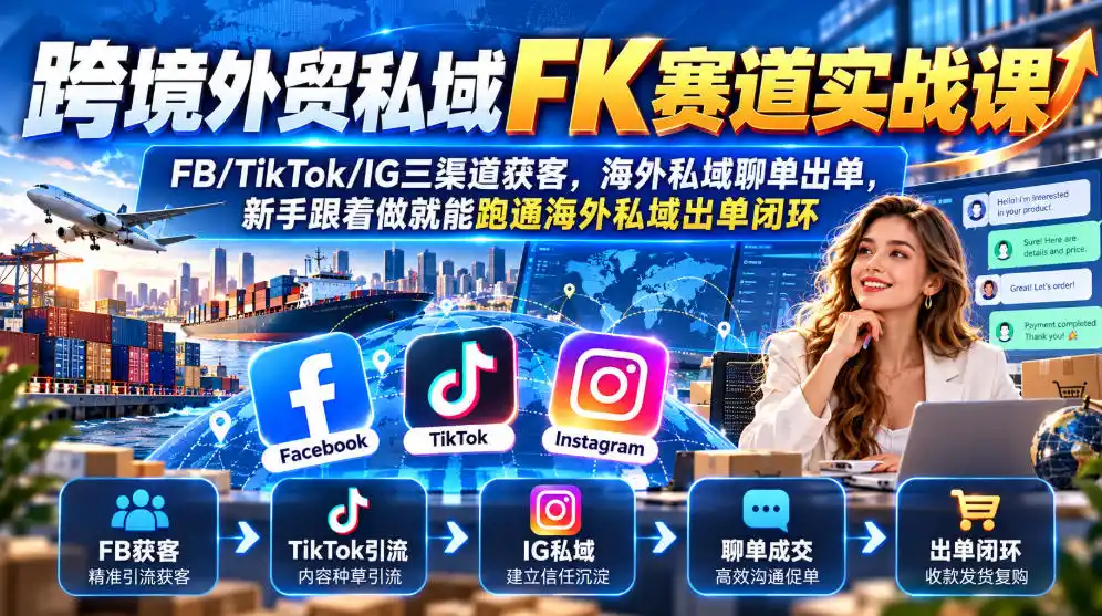 跨境外贸私域FK赛道实战课｜FB/TikTok/IG三渠道获客，海外私域聊单出单，新手跟着做就能跑通海外私域出单闭环-云启智联