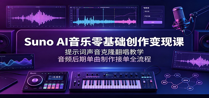 Suno AI音乐零基础创作变现课：提示词声音克隆翻唱教学，音频后期单曲制作接单全流程-云启智联