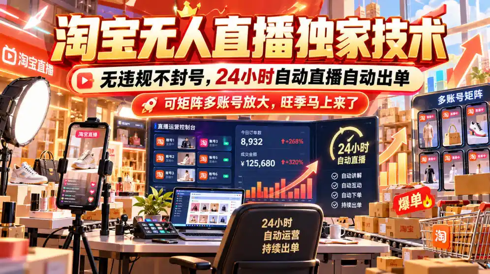 淘宝无人直播独家技术，无违规不封号，24小时自动直播自动出单，可矩阵多账号放大，旺季马上来了【揭秘】-云启智联